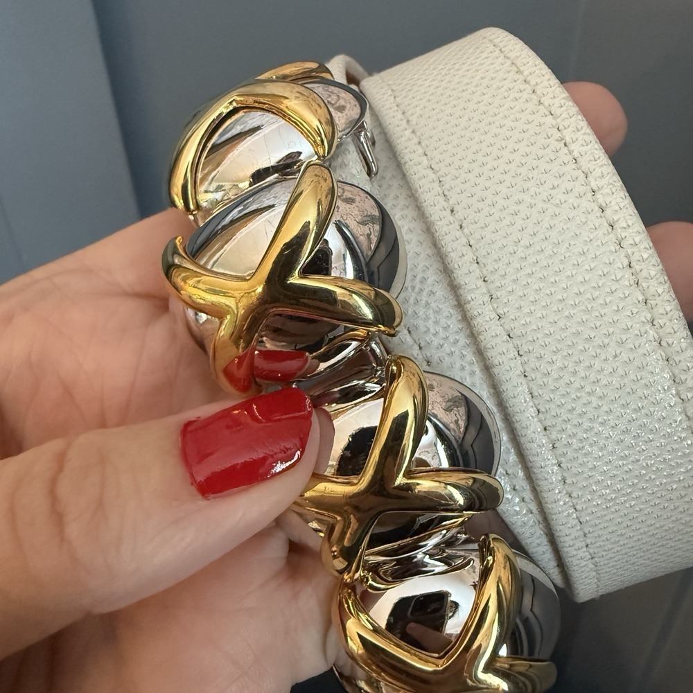 Vtg Alexis Kirk Snakeskin Leather Belt White Mixed Metal "XO" Buckle Womens Med.